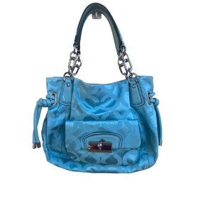 NWT Coach Signature Collection Blue Satin Handbag With Silver Hardware & Leather